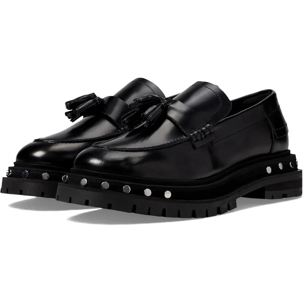 Free People Black Leather Tassel Lug Sole Loafers